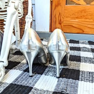 Metallic Silver Peep-Toe Heels